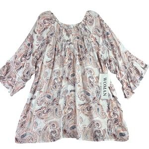 89th‎ + Madison Womens 2X Paisley Blouse Smocked Neck Bell Sleeve Cottage NEW